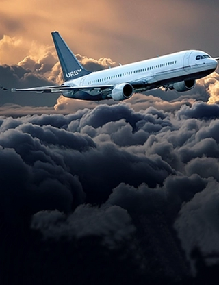 Airplane in clouds with Urb Shop logo