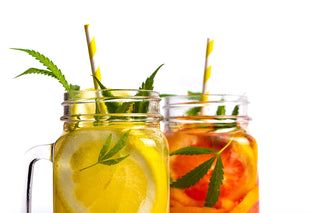 CBD lemonade jar with marijuana leaves