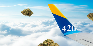 A plane decorated with cannabis leaves flying high in the sky