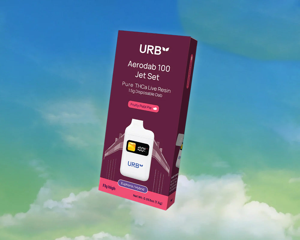 URB Aerodab 100 Jet Set live resin disposable dab pen packaging on cloud background