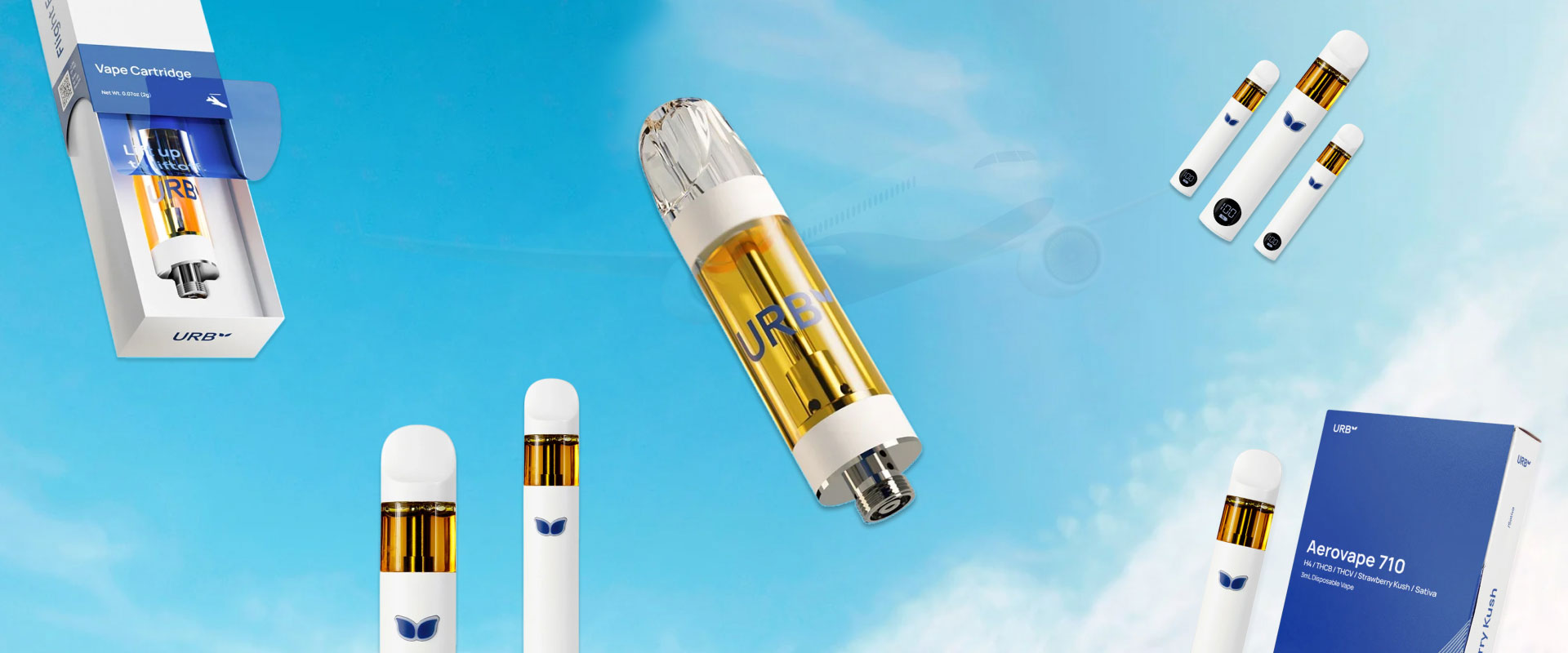 URB Clarity collection featuring cartridges and disposable vapes on a cloud background